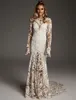 Seksowna sukienka ślubna syreny szampana z długim rękawem Koronki Zastosowane otwarte v back boho ślubna suknia Bride sukienki Vestidos de noiva 2024