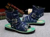 Sandálias Vintage Design Homens Botas de Verão Denim Azul Couro Cravejado Rebites Sandalias Masculino Alça no Tornozelo Chaussure Homme 230807