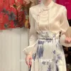 Robes de travail rétro Style chinois costume jupe ensembles pour femmes 2023 printemps à manches longues noeud bouton chemise irrégulière imprimé 2 pièces