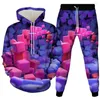 Herrespår färg geometriska mönster kub tryck män kläder hoody tröja jogger pant 2pcset kvinnor långärmad träning plus storlek