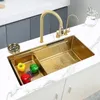 75*46cm Gold Kitchen Sink Waterfall Sink 304 Stainless Steel Large Single Slot Gold Wash Vegetable Basin With Cup Washer