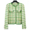Jaquetas femininas de cor verde moda xadrez tweed tecido feminino mangas curtas mangas compridas de boa qualidade trabalho de escritório casaco feminino roupas outwear