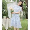 Vêtements ethniques Robes Qipao améliorées pour les femmes Été National Bleu Mousseline de soie Fleur Fragmenté Col montant Chinois Traditionnel