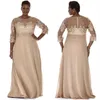 Champagne Plus Size Dresses Sheer Neck Long Sleeve Mother Party Prom Dress Evening Gown For Special Occasion With Lace Appliques S305q
