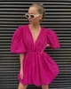 Urban Sexy Dresses Elegant White Pink V Neck Bodycon Dress Women Summer Puff Sleeve Kort klänning Casual A-Line Pleated Vestido Lady 230804