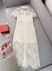 Designer dress early autumn women designer clothing doll neck diamond buckle short sleeved lace cut out waist long dress