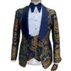 Szmanlizi 3 stycken män kostymer bröllop brudgummen sjal lapel marinblå tryckt guld jacquard tuxedos smal prom klänning kostym män blazer330m