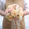 Boho Bridal Bridesmaid Bouquet 2022 Artificial Wedding Flowers Champagne Ivory Blush Pink Roses 25cm 25cm Quinceanera Party Silk F227p