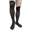 Chaussettes pour hommes rayé hommes robe formelle chaussette costume couleur noire mâle Long Tube genou haut bas Sexy voir à travers homme Lingerie tuyau