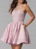 Party Dresses Satin Lace Appliques Homecoming Short Halter Cocktail Dress For Teens Evening Gown With Pockets