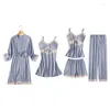 Women's Sleepwear Satin Summer Nightwear Sexy Women Wedding Robe Set Home Clothing Intimate Lingerie Casual 5PCS Kimono Bathrobe Gown