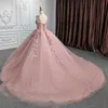 Rose Pink Mexican Charro Quinceanera Dresses 3d Floral Lace Pärled Corset Chapel Train Sweet 15 Vestidos de Debutantes Pink