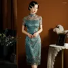 Etnisk kläder vintage stil cheongsam elegant smal spets sexig qipao kvinnor retro kinesisk traditionell klänning kort ärm vestidos