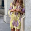 가을 여성 패션 기질 인쇄 긴 소매 V 목 레이스 업 드레스