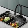 Waterfall Kitchen Faucet Pull-Out mässingstemperatur Digital Display Big Hot Cold Water Tap Rotation Single Hole kran