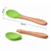 Colheres de silicone para crianças com cabo de madeira colheres de café colher de treinamento para bebês utensílios de cozinha para casa 28 cores