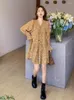 Casual Dresses Spring Autumn Floral Printing V Neck Summer Women 2023 Flare Long Sleeve Loose Pleated Nacing Bohemian Mini Dress French