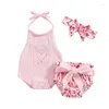 Ensembles de vêtements 0-24M bébé filles vêtements d'été ensemble pour né infantile sans manches licou tricot barboteuse PP Shorts bandeau 3 pièces tenues pour tout-petits