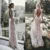 Boho maniche lunghe abito da sposa in pizzo vintage 2020 collo alto aperto indietro Chic Beach Bohemian abiti da sposa Vestido de novia sirena285G