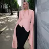 Kobiety dla kobiet różowe długie rękawie kształt serca patchwork Ruched Slit seksowna koszulka kawaii letnia kobiety gotyckie ubrania imprezowe streetwear