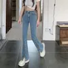 Jeans feminino Y2K calça azul cintura alta elástica reta trompete calça gótica perna dividida gravata corda roupas vintage