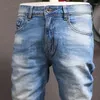 Jeans Masculino Designer de Moda Masculino Retro Azul Elástico Ajuste Justo Rasgado Vintage Calça Casual Estilo Coreano Calça Denim Hombre