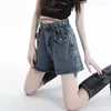 Kvinnors shorts 2023 Summer Women Solid Color Short Jeans Pleated High midja Löst breda ben Denims Korean Fashion Vintage Roll Up Hem Design