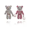 Pins Brooches Cute Full Rhinestone Teddy Bear Brooches Valentine's Day AB Color Pink Bowknot Pearl Corsage Famale Brooch Jewelry Accessories HKD230807