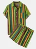Survêtements pour hommes Chemises hawaïennes pour hommes Shorts Mince Respirant Coton Boutonné Chemise Tenues Ensembles Coloré Rayé Vacances À Manches Courtes Deux