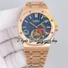 JCF K6F26522 MENS Titta extra tunn A2924 Automatisk Tourbillon 41mm Rose Gold Case Blue Tapisserie Dial Stick Markers Rostfritt stål Armband Super Edition Watches