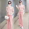 Women's Two Piece Pants Tweed Set 2023 Summer Salt High Quality Casual Suit Short Sleeve Tops And Trousers Pieces