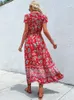 Abiti sexy urbani JIM NORA Vintage Floral Boho Stampato Vestidos Donna Maniche corte Scollo a V Fessura Abiti longuette A Line Bohemian Summer Beach Dress 230804