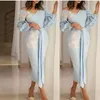 Tea Length Light Sky Blue Mother Of The Bride Dresses Off The Shoulder Evening Dresses With Long Sleeves Appliques Party Gowns Pro292g