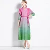 Casual Dresses 2023 Runway Autumn Miyake Pleated Long Dress Elegant Women V Neck Gradient Color Open Stitch Lace Up Belt Ruffles Vestidos