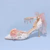 Klänningskor 2023 Summer Ankle Strap High Heels Pearl Flower Spets Women Sandaler Sexig tunn hel Lady Fashion Party Wedding Wedding
