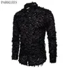 Chemises décontractées pour hommes Sexy Black Feather Lace Shirt Men Fashion See Through Clubwear Dress Shirts Mens Event Party Prom Chemise transparente S-3XL 230804