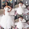 2022 Sexy Afrikaanse Sweetheart Mermaid Trouwjurken Illusion Kant Applicaties Crystal Kralen Ruches Tiered Organza Formele Bridal G290p