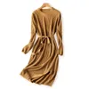 Robes Décontractées Marron Chic Tricot Femmes Pull À Rayures Robe Automne O Cou Chaud Une Ligne Midi Femme Festival Bandage Split Simplicité