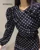 Casual Kleider WDMSNA Herbst Elegante Rundhals Frauen Kleid Nähte Rüschen Kordelzug Unregelmäßige Robe Koreanische Polka Dot Puff Sleeve