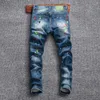 Jeans Masculino Estilo de Rua Moda Masculino Retro Azul Elástico Ajuste Justo Pintado Rasgado Calças Stretch Hip Hop Calça Denim Hombre