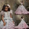 2020 Cute Flower Girl Dresses Jewel Neck Appliqued Beaded Feather Girl Pageant Gown Cascading Ruffle Sweep Train Custom Made2253