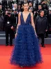 Feestjurken See Through V-hals Royal Blue Tulle Dress Layered Ruches Evening Custom Made Prom With Dot Open Back Woman Gown