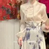 Robes de travail rétro Style chinois costume jupe ensembles pour femmes 2023 printemps à manches longues noeud bouton chemise irrégulière imprimé 2 pièces