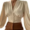 Chemisiers pour femmes chemise décontractée tissu doux géométrie irrégulière impression bureau femmes épaule plissée confortable automne vêtements de travail