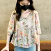 Women's Blouses Retro Vintage Tops Japan Mori Girl Baby Shirt Design Floral Print Cute Sweet Peplum Ruffles Bow Tie Button Shirts