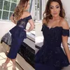 우아한 2020 네이비 블루 파란색 칵테일 드레스 차 길이 Peplum Off Shoulder Prom Dreess Applique 레이스 형식 드레스 파티 짝수 251a