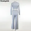 Women's Two Piece Pants Solid Color Simple Casual Suit Half Turtleneck Long Sleeves T-Shirt Elastic Waist Wide Leg Set