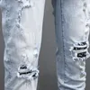 Jeans pour hommes mode de rue hommes rétro bleu clair élastique Stretch maigre déchiré Bandana patché concepteur Hip Hop marque pantalon