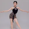 Stage Wear Latin Dance Dress For Girls Black Connecting Leopard Print Tassel Chacha Rumba Tango Children Costumes DN15765