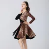 Bühnenkleidung 2023 Erwachsene Frauen Latin Dance Kleid Herbst und Winter langärmelige Kleider Taille Gürtel Leopard Kleidung Ballsaal Rumba Dancewear